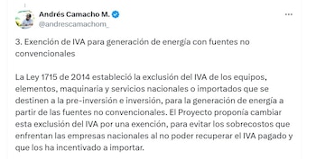 Andrés Camacho, ministro de Minas y Energía, recordó que el proyecto de reforma tributaria traíA exenciones de IVA - crédito @AndresCamachoM_/X