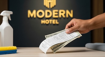 Mano de piel morena sostiene recibo y billetes de dólares sobre mesa de madera. Hay atomizador blanco, cepillo amarillo y azul, paño gris. Logo de hotel en el fondo.