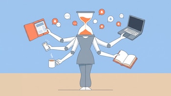 Ilustración de figura humana estilizada con cabeza de reloj de arena, seis brazos con tablet, smartphone, taza de café, laptop, libro y notificaciones