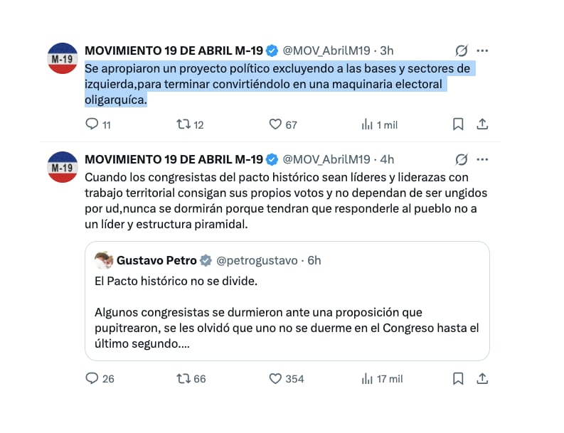 Con estos mensajes, el M-19 cuestionó a Petro y el Pacto Histórico por lo que serían las posiciones contradictorias al interior del progresismo - crédito @MOV_AbrilM19/X