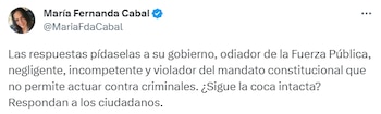 María Fernanda Cabal arremetió contra la vicepresidenta Francia Márquez tras su críticas a la fuerza pública- crédito @MariaFdaCabal/ X
