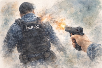 Una ilustración en acuarela muestra a un funcionario del Inpec con uniforme y chaleco, quien recibe un impacto de bala en la espalda - crédito