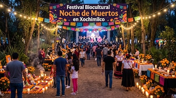 Personas caminan entre altares con flores amarillas y velas bajo guirnaldas de luces y un cartel de la Noche de Muertos en Xochimilco
