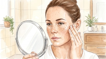 Mujer de cabello castaño mira un espejo de mano y toca su rostro con pecas. Se ve una ventana, plantas y un tocador en el baño.