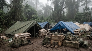 Refugios improvisados de lona, sacos de arena, cajas de madera, botas, mochilas, cascos y equipo militar en un campamento selvático con niebla.