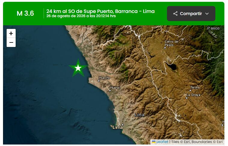 Un mapa del Instituto Geofísico del Perú señala el epicentro de un sismo de magnitud 3,6 localizado frente a la costa de Supe Puerto, en la región Lima. (IGP)