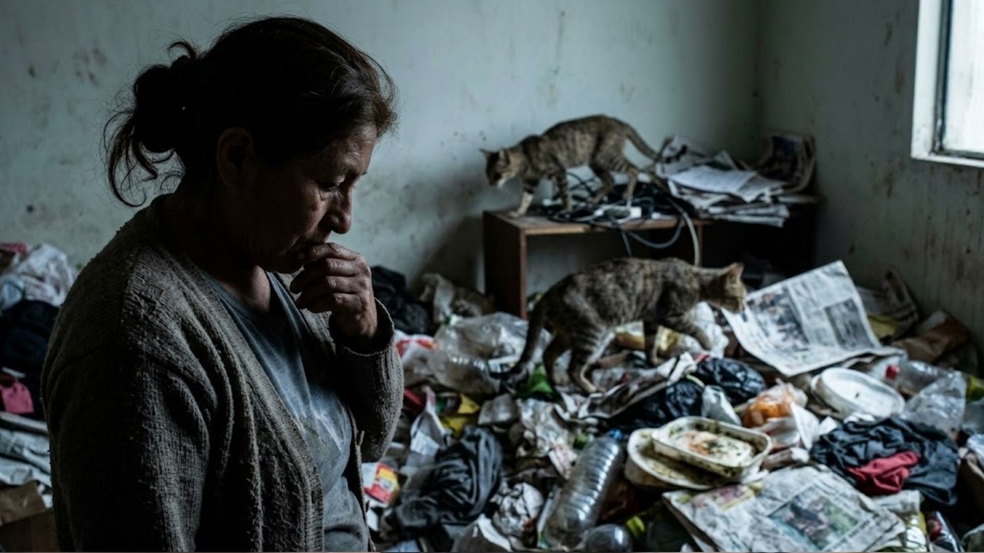 Una mujer permanece en el interior de una habitación llena de basura acumulada mientras dos gatos caminan sobre los desperdicios. (Imagen Ilustrativa Infobae)