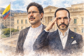 Dibujo acuarela que muestra a Iván Cepeda con gafas y Abelardo de la Espriella saludando, frente a la Casa de Nariño y una bandera colombiana.