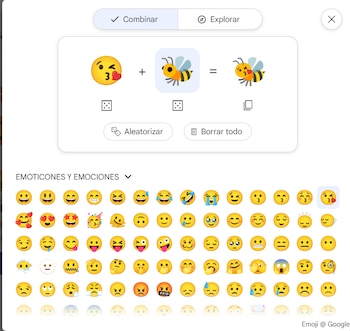 Captura de pantalla de interfaz con la función de combinar emojis. Muestra un emoji de cara lanzando un beso, uno de abeja y el resultado de la combinación, más una galería de emoticones