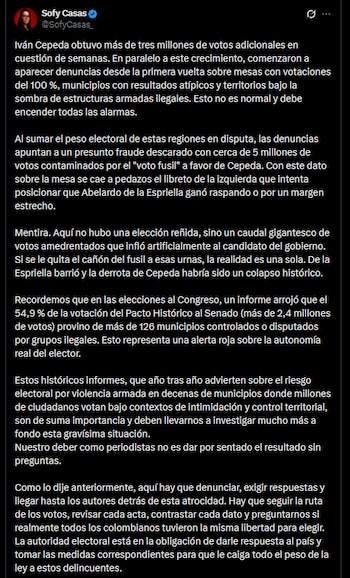 La periodista y analista política Softy Casas publicó una columna en su cuenta en X en la que cuestiona los resultados obtenidos por Iván Cepeda en zonas del país en las que predominan los grupos armados ilegales - crédito @SofyCasas_/X