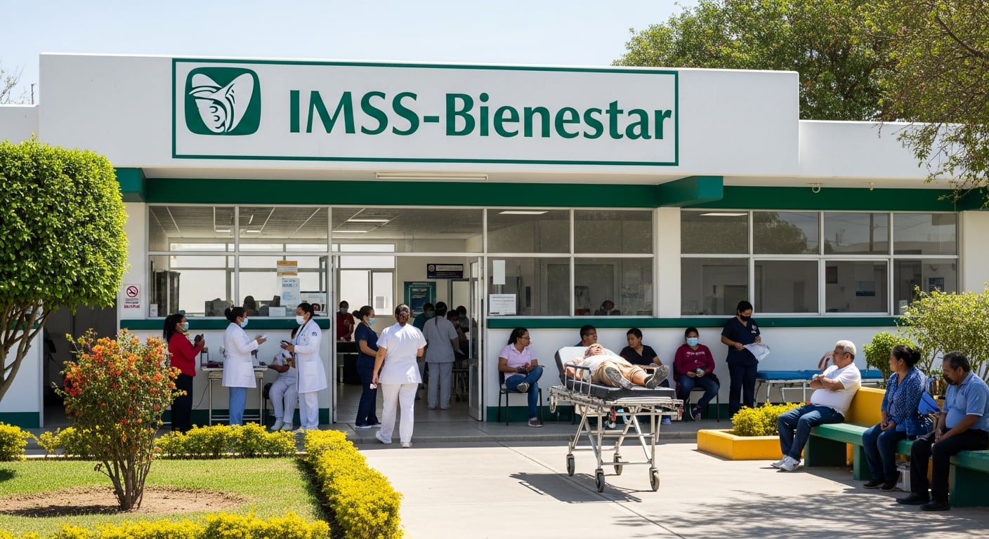 Pacientes y personal médico en plena actividad frente a la entrada de un hospital IMSS-Bienestar, con personas esperando en bancos y un paciente en camilla, reflejando la dinámica diaria del centro de salud. (Imagen Ilustrativa Infobae)