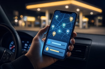 Una mano sostiene un teléfono móvil con un mapa de estaciones de servicio en el interior de un auto frente a una gasolinera de noche.