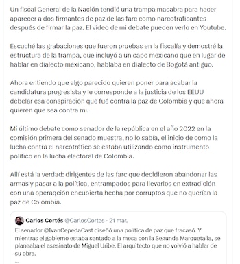 Petro afirmó que la trampa incluyó la participación involuntaria de familiares de los firmantes de paz, como el padre de una exreina de belleza - crédito @petrogustavo/X