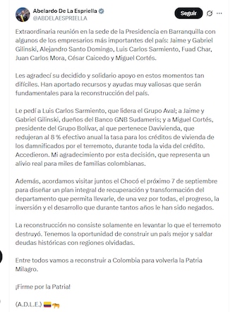 Abelardo de la Espriella anunció que viajará a Chocó con los empresarios más importantes de Colombia para hacer un plan integral de recuperación y transformación del departamento - crédito @ABDELAESPRIELLA/X