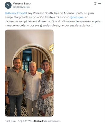 Vanessa Spath afirmó que le sorprendió la posición de Álvaro Uribe frente a Alfredo Deluque - crédito @spath26364/X