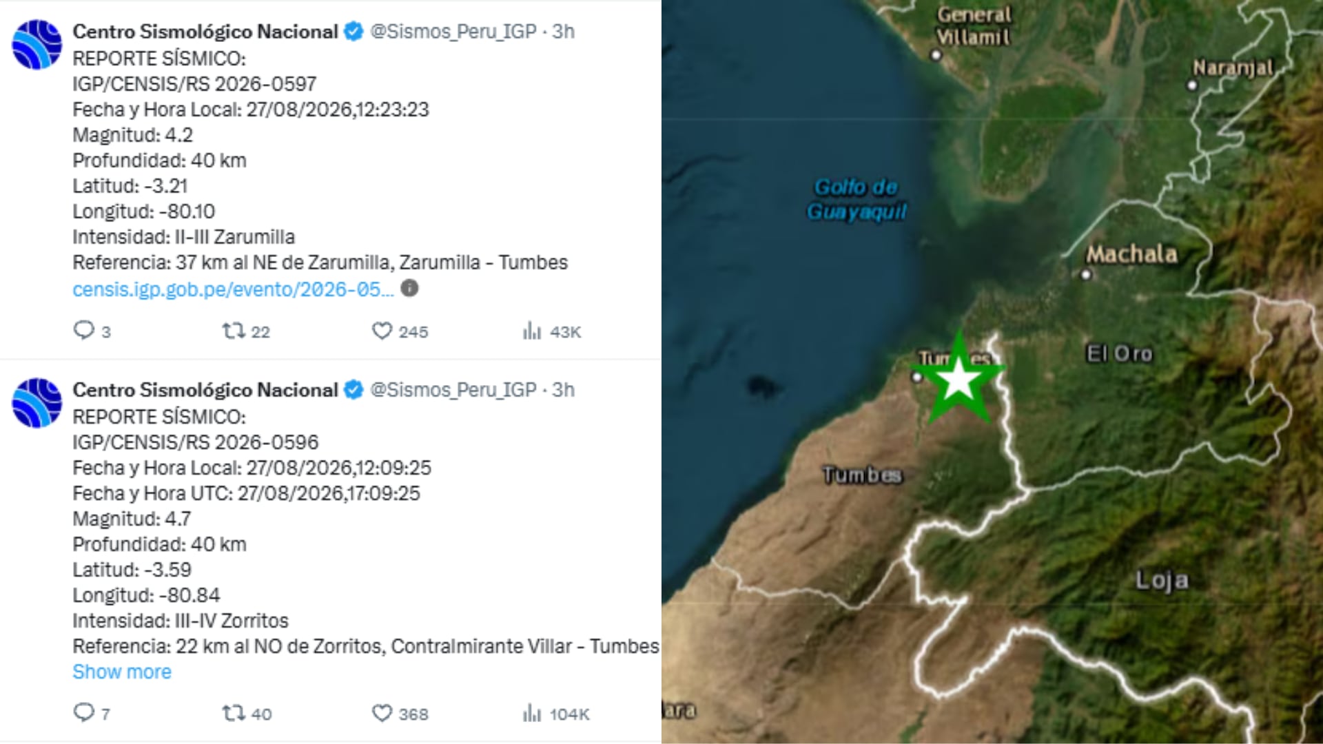 Un reporte del Centro Sismológico Nacional de Perú detalla dos sismos registrados en la región de Tumbes junto a un mapa con la ubicación del epicentro. (Imagen Ilustrativa Infobae)