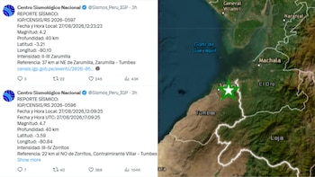 Dos publicaciones del Centro Sismológico Nacional con reportes sísmicos y un mapa satelital de Tumbes con una estrella verde