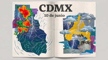 Ilustración de revista plegada que muestra mapas de CDMX con patrones de radar meteorológico, relámpagos, nubes de lluvia y escenas de calles inundadas.