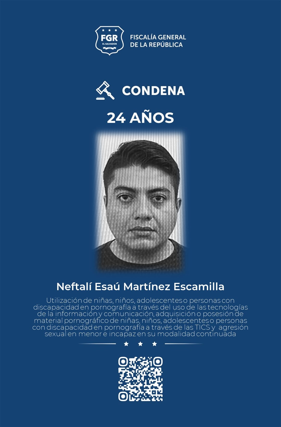 La Fiscalía General de la República difundió la condena de 24 años de prisión contra Neftalí Esaú Martínez Escamilla por delitos sexuales agravados cometidos contra un menor de edad (Cortesía FGR).