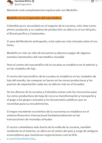 Petro afirmó que Antioquia enfrenta hoy un crecimiento de economías ilegales asociadas principalmente a la minería ilícita de oro - crédito @petrogustavo/X