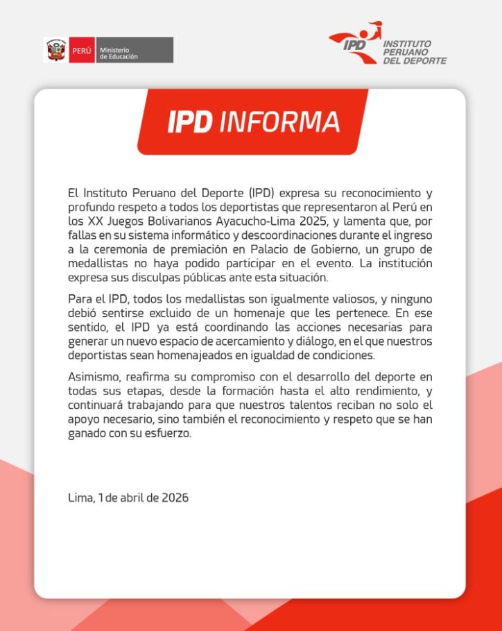 Tras la polémica, el IPD reconoció errores en su sistema y coordinación, comprometiéndose a organizar otra ceremonia que repare el agravio a los atletas. (Facebook / IPD)