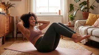 Mujer con cabello rizado sobre una colchoneta de yoga, realizando abdominales con las manos detrás de la cabeza, en una sala con sofá, plantas y muebles.