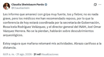 Sheinbaum informó que amaneció con gripa y fiebre. | X- Claudia Sheinbaum