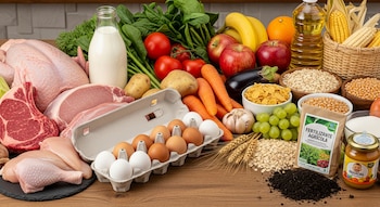 Diversidad de alimentos crudos: carne de res, cerdo, pollo, huevos, leche, verduras, frutas, cereales, aceite, azúcar. También, alimento infantil y fertilizante.