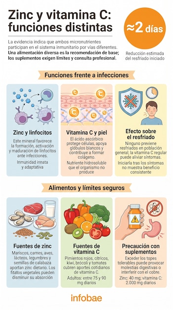 Infografía con texto explicativo, ilustraciones de alimentos, piel, células inmunitarias, un estómago y límites de consumo de nutrientes.