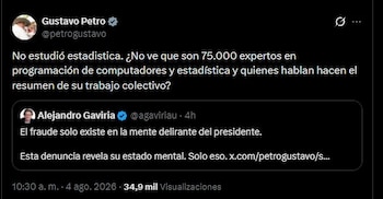 El presidente Gustavo Petro respondió a Alejandro Gaviria y defendió el trabajo de los expertos en programación y estadística que, según dijo, respaldan la denuncia sobre presuntas irregularidades electorales - crédito Gustavo Petro/X