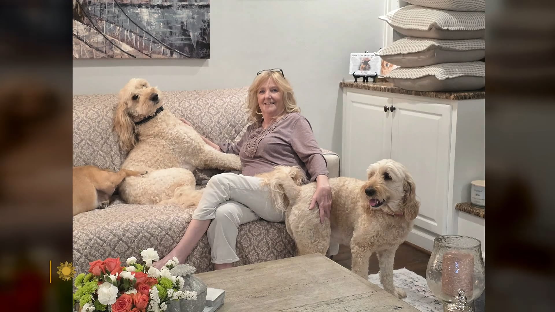 La conductora Annie Olup perdió el control de su vehículo bajo una lluvia intensa y volcó antes del escape de sus mascotas (CBS Sunday Morning)