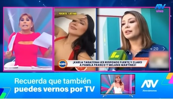Magaly Medina en pantalla izquierda, una mujer con top rojo tapándose el rostro y otra mujer siendo entrevistada en una pantalla dividida