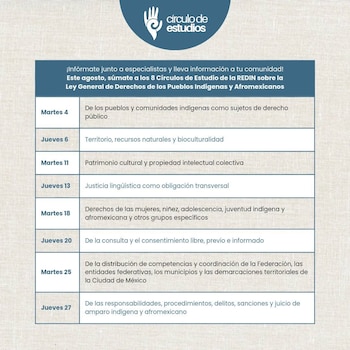 Calendario de agosto en formato de tabla con fechas y títulos de temas, un encabezado con texto informativo y el logo Círculo de Estudios