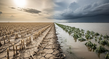 Campo agrícola dividido. La izquierda con tierra seca agrietada y tallos bajo cielo claro; la derecha inundada con cultivos verdes y cielo tormentoso.