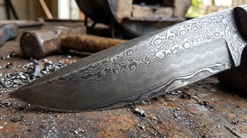 Primer plano de una hoja de acero de Damasco con patrones ondulados y circulares, apoyada en una mesa de madera sucia con virutas de metal.