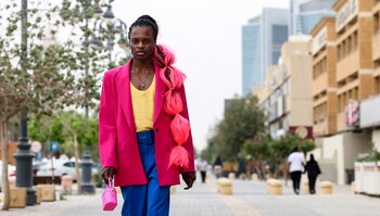 Saudi model Ziad al-Mesfer is pictured in Tahliya street in the capital Riyadh, on April 9, 2022. - Mesfer has built a massive social media following while blazing a trail for the handful of Saudi male models brave enough to don garments widely seen as appropriate for women only, thereby flouting their country's famously rigid gender norms. (Photo by Fayez Nureldine / AFP)