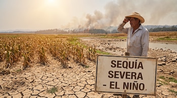 Hombre con sombrero junto a cartel 'Sequía Severa - El Niño', con campo seco, tierra agrietada, río con rocas, incendio forestal y humo de fondo.