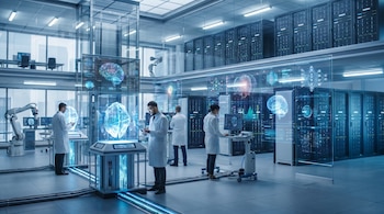 Cuatro científicos con batas blancas en un laboratorio de IA moderno con filas de servidores, pantallas holográficas de cerebros y datos, y equipos futuristas.