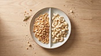 Plato dividido con cacahuates sin cáscara a la izquierda y nueces de la India a la derecha, sobre una mesa de madera clara, con una ramita verde.