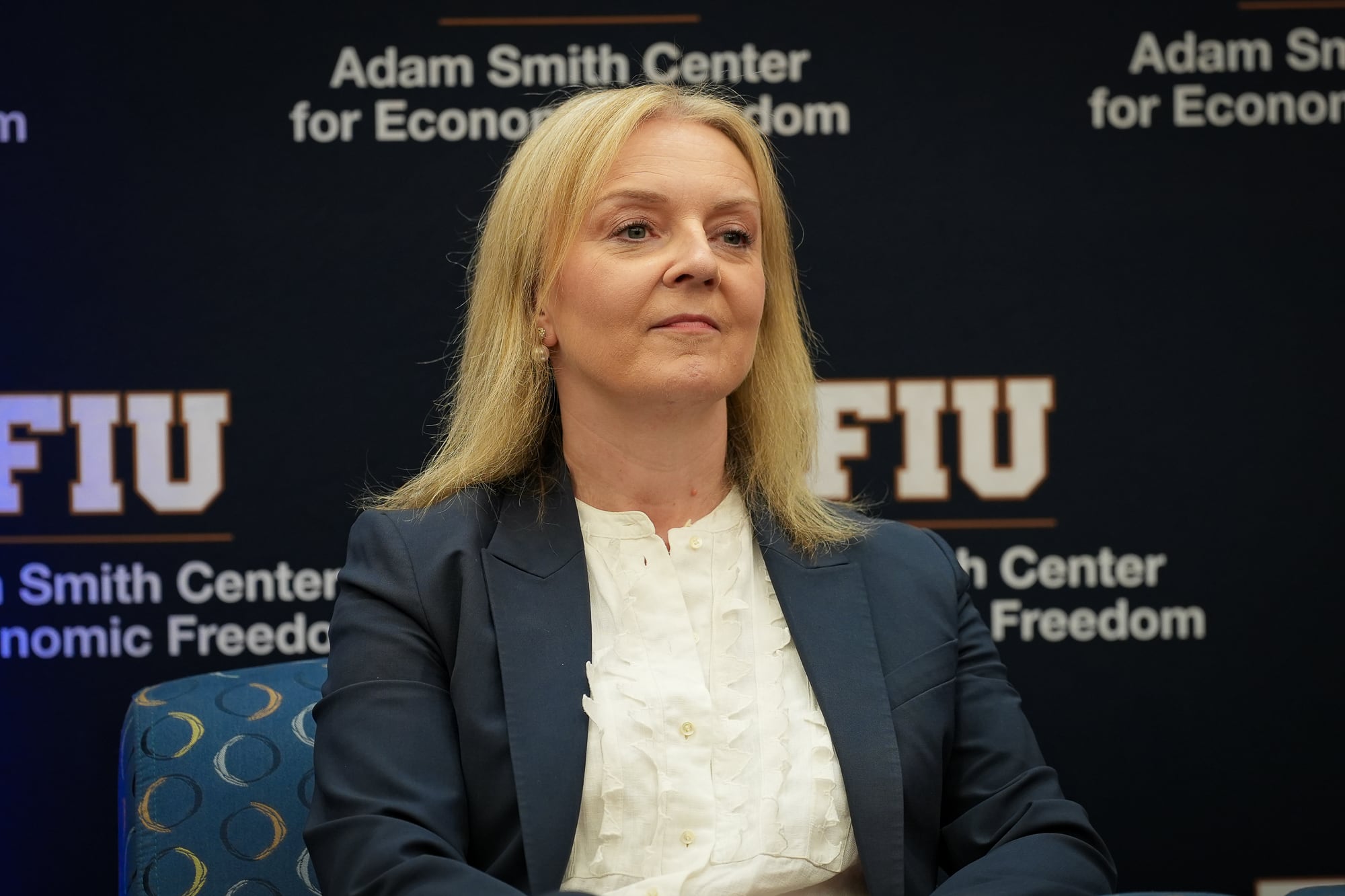 Liz Truss, durante la ceremonia como nueva fellow del Adam Smith Center de la FIU.