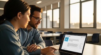 Una mujer y un hombre miran una computadora portátil con la interfaz de tutoría AI Tutoring en una biblioteca moderna con grandes ventanas.