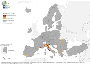 Mapa de Europa con divisiones regionales. Se muestran áreas en gris, naranja y rojo según la infección por el virus del Nilo Occidental. Incluye leyenda y logo ECDC