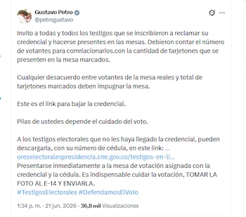El presidente Gustavo Petro invitó a los testigos que se inscribieron a reclamar su credencial y hacerse presentes en las mesas - crédito @petrogustavo/X