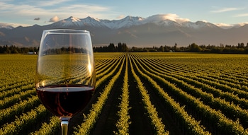 Una copa de vino tinto en primer plano frente a un vasto viñedo con hileras infinitas, y montañas nevadas de la Cordillera de los Andes bajo un cielo azul al atardecer.