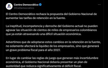 El Centro Democrático pidió al Gobierno nacional decretar un plan de austeridad - crédito red social X
