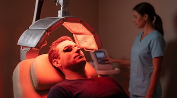 Hombre recostado con gafas protectoras bajo un dispositivo de luz roja, y una mujer con uniforme azul operando un panel de control.