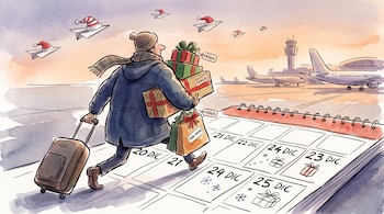 Ilustración de un hombre con equipaje y paquetes corriendo sobre un calendario de diciembre en la pista de un aeropuerto.
