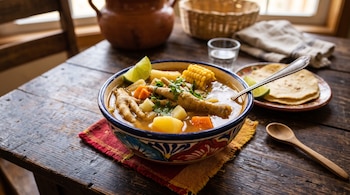 Plato con caldo de patas de pollo, elote, zanahoria y limón, junto a un plato con tortillas y una cuchara sobre una mesa de madera.
