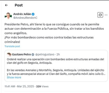 Andrés Julián Rendón contestó al operativo de Gustavo Petro en Antioquia - crédito @AndresJRendonC