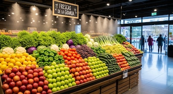 Gran mostrador de frutas y verduras frescas como lechugas, manzanas, limones, pimientos y tomates en un supermercado con sistema de nebulización.